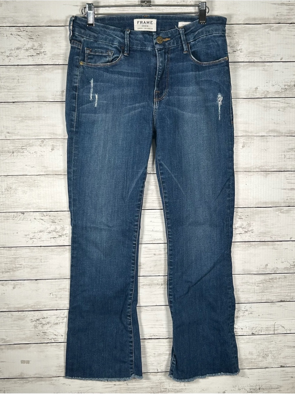 FRAME Denim Le Crop Mini Boot Northmont Distressed Jeans Raw Hem Size 28 USA - Picture 2 of 5